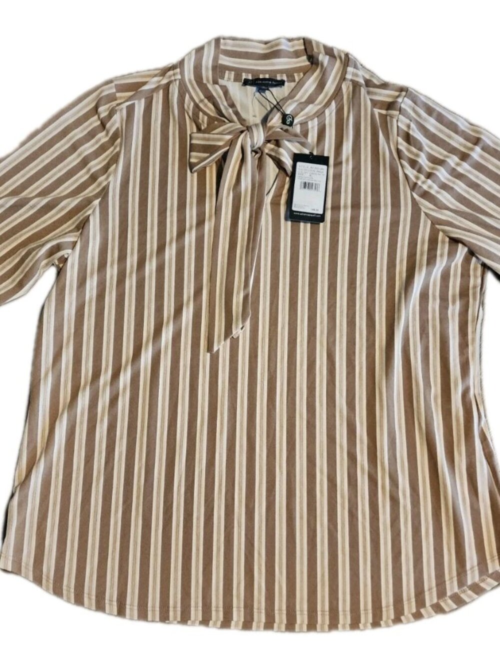 Adrianna Papell Tie Neck Striped Knit Top XL Cocoa Tan White 3/4 Sleeve